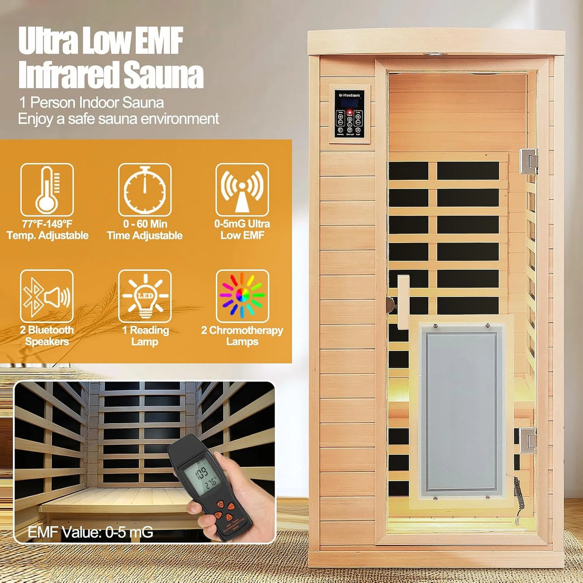 1 Person Infrared Sauna, 0-5 Mg Utra Low EMF Sauna with Door Heating Plate — product view 2