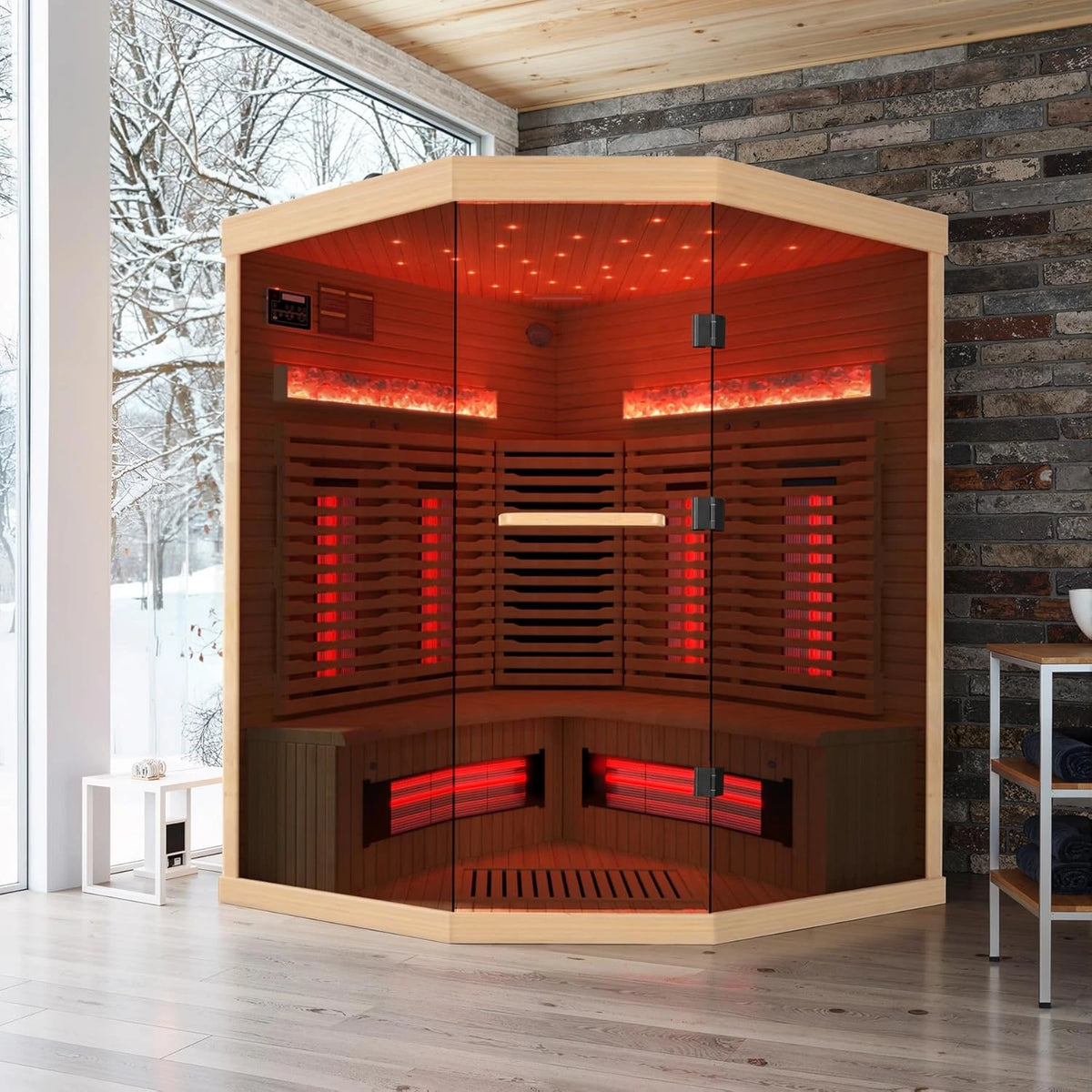 3-4 Person Corner Infrared Sauna- Luxury Home Sauna Spa Room with Himalayan Salt Therapy, Canadian Hemlock&Panoramic Tempered Glass,220V — product view 7