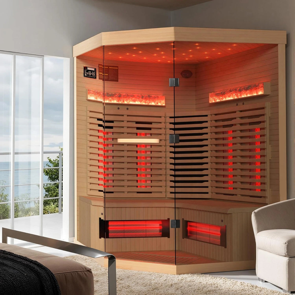 3-4 Person Corner Infrared Sauna- Luxury Home Sauna Spa Room with Himalayan Salt Therapy, Canadian Hemlock&Panoramic Tempered Glass,220V — product view 8