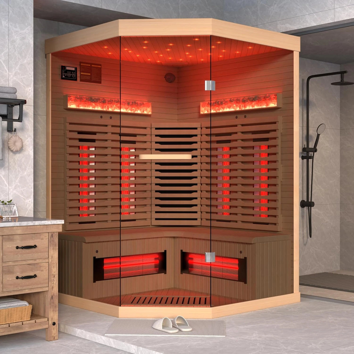 3-4 Person Corner Infrared Sauna- Luxury Home Sauna Spa Room with Himalayan Salt Therapy, Canadian Hemlock&Panoramic Tempered Glass,220V — product view 9